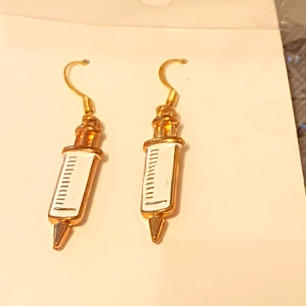 Gold and White Syringe Earrings